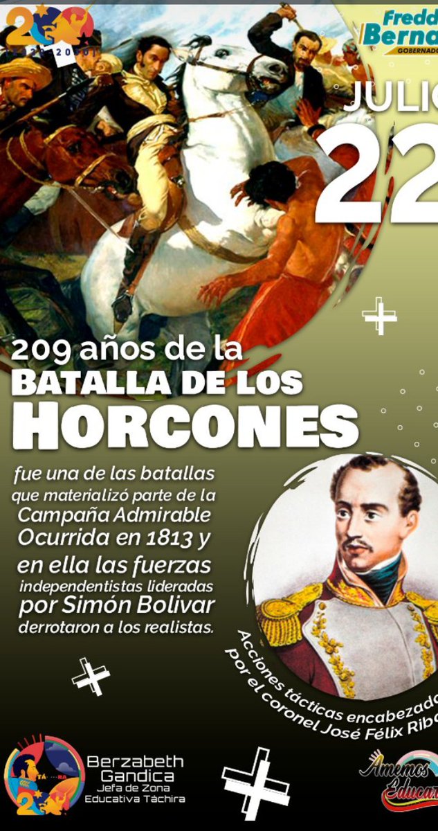 El #22Julio de 1813 se dio La Batalla de Los Horcones, enmarcada en la Campaña Admirable 🇻🇪. 
Las fuerzas independentistas a cargo del coronel José Félix Ribas y los generales Jacinto Lara y Florencio Jiménez , derrotaron a las fuerzas realistas. 

<a href="/NicolasMaduro/">Nicolás Maduro</a> 
<a href="/_LaAvanzadora/">Yelitze Santaella</a>