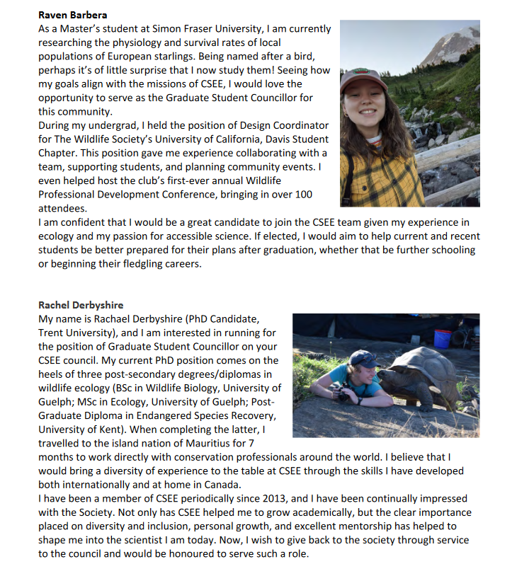 CSEE_SCEE's tweet photo. Student/Postdoc councillor (1 position)

Sangwook (Micky) Ahn (@Micky_Ahn)
Juliana Balluffi-Fry (@balluffi)
Raven Barbera (Simon Fraser University)
Rachel Derbyshire (@RDerbyshire7)
Victoria Marie Glynn (McGill University)
Animesh Ghose  (@AnimeshGhose1) https://t.co/q0N7ia3xLm