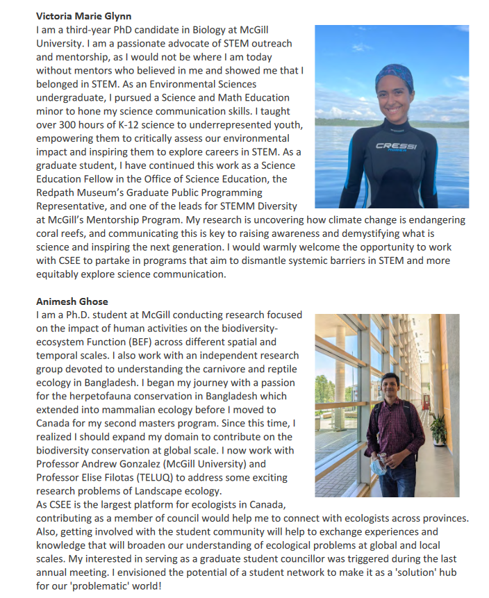CSEE_SCEE's tweet photo. Student/Postdoc councillor (1 position)

Sangwook (Micky) Ahn (@Micky_Ahn)
Juliana Balluffi-Fry (@balluffi)
Raven Barbera (Simon Fraser University)
Rachel Derbyshire (@RDerbyshire7)
Victoria Marie Glynn (McGill University)
Animesh Ghose  (@AnimeshGhose1) https://t.co/q0N7ia3xLm