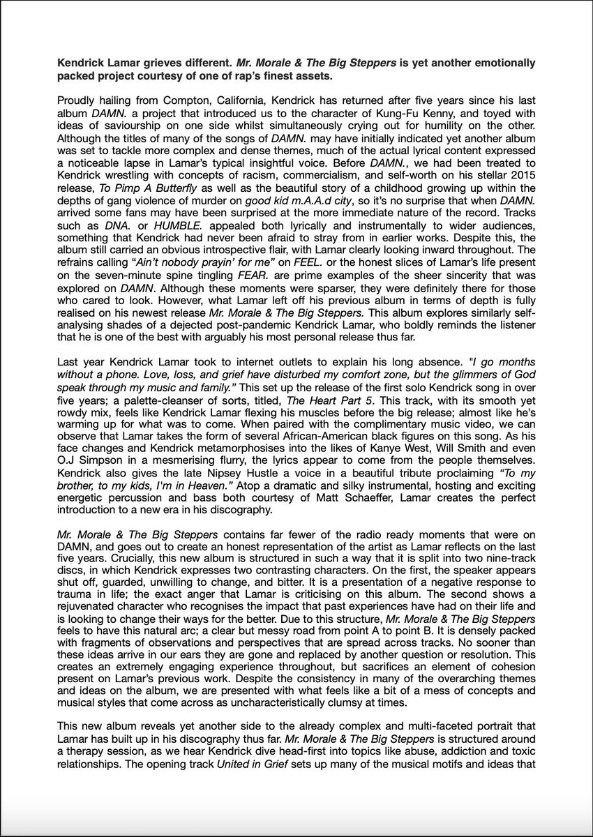jpegwebster's tweet photo. took me a while but here’s a full review of kendrick lamar’s mr morale and the big steppers. likes and retweets appreciated. https://t.co/xpAoDskLnj