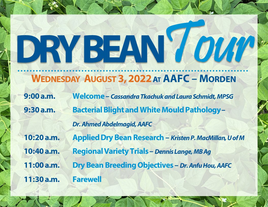 Join us for a morning tour at the Morden AAFC site to highlight MB-focused dry bean research on Aug. 3, 2022. Check out the agenda below!