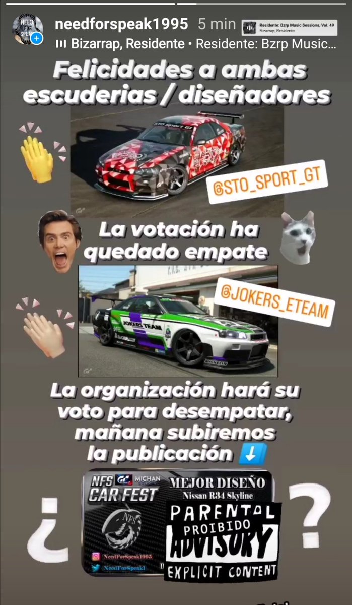 Habéis quedado empate!! 
<a href="/Jokers_eTeam/">Joker's e-Team</a> <a href="/sto_sportgt/">STO Sport GT</a>

Primeramente muchas felicidades a ambos por llegar a la final con estos DISEÑACOS 🔥

La organización hará su voto para desempatar, nosotros ya sabemos quien gana, pero ustedes lo sabrán mañana 👀🤪🙌

#NFSCARFEST