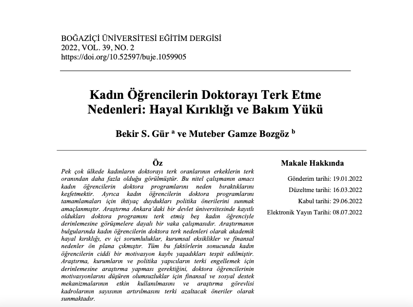 bekirgur's tweet photo. M. Gamze Bozgöz Hoca ile birlikte hazırladığımız kadın öğrencilerin doktora terkiyle ilgili makalemiz henüz yayınlandı. 
Akademik hayal kırıklığı, 
Ev içi sorumluluklar, 
Kurumsal eksiklikler ve 
Finansal nedenler ön plana çıkmıştır. 👇https://t.co/WIp1VF7qZT https://t.co/6UiKq1PF9q