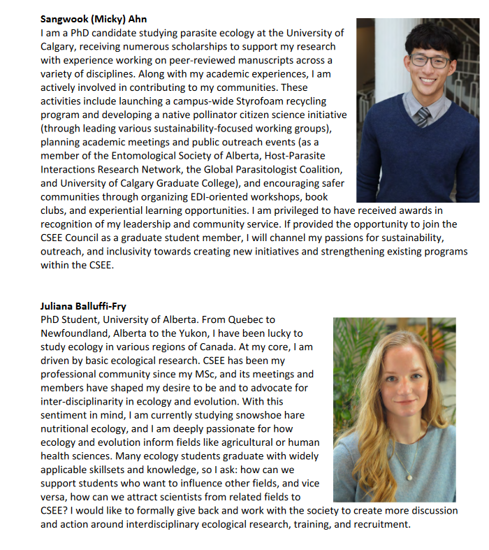 CSEE_SCEE's tweet photo. Student/Postdoc councillor (1 position)

Sangwook (Micky) Ahn (@Micky_Ahn)
Juliana Balluffi-Fry (@balluffi)
Raven Barbera (Simon Fraser University)
Rachel Derbyshire (@RDerbyshire7)
Victoria Marie Glynn (McGill University)
Animesh Ghose  (@AnimeshGhose1) https://t.co/q0N7ia3xLm
