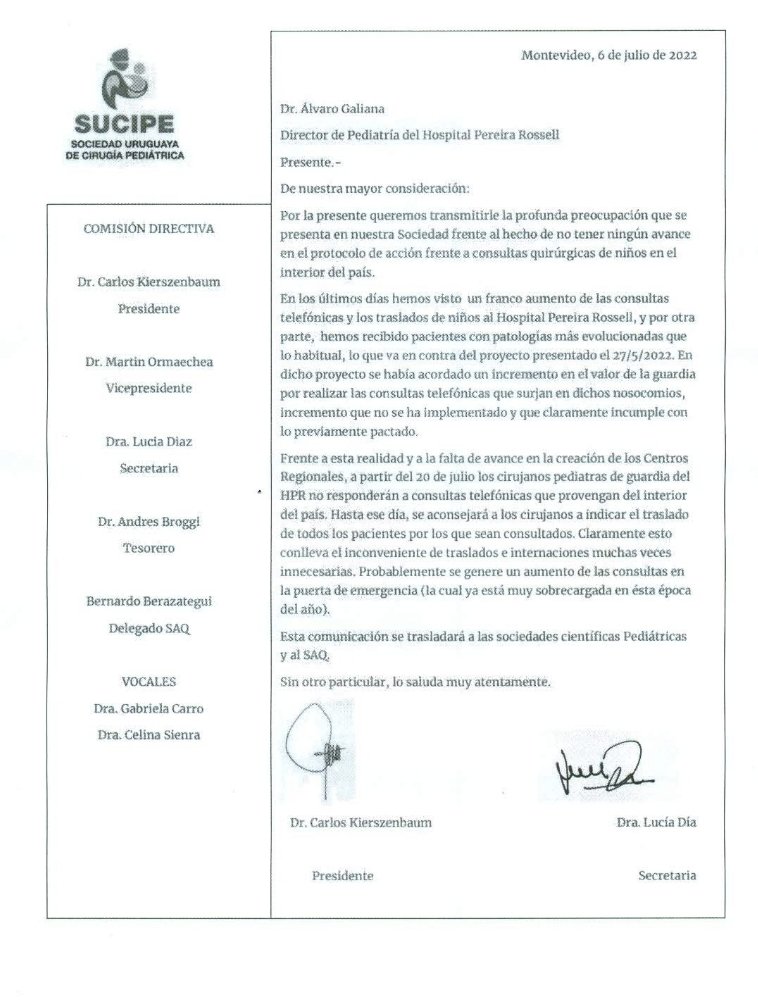 SaqUruguay's tweet photo. Compartimos comunicado de la Sociedad de Cirugía Pediátrica (SUCIPE), solicitando al MSP y  ASSE la creación de centros regionales para atender a niños del interior del país. https://t.co/miQSx54V3a
