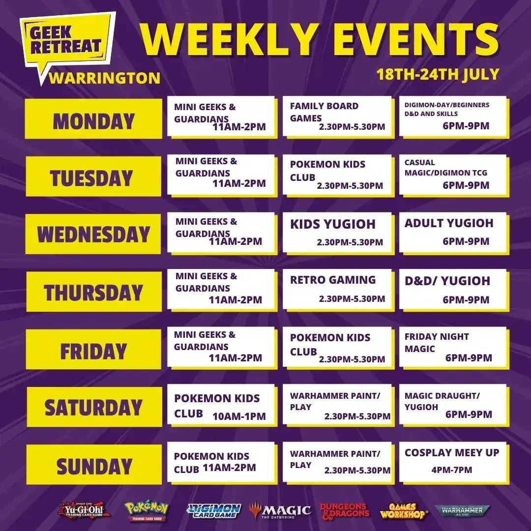 GeekyJossh's tweet photo. Hi everyone at @GeekWarrington has #minigeeksandguardian 11:00am till 14:00pm 
 #kidspokemon at 14:30pm till 17:30
 #fridaynightmagic at 18:00pm till 21:00pm
Come and Join In and have some Fun #geekretreat #geekretreatwarington #minigeekandguardian #kidspokemon  #fridaynightmagic https://t.co/Bn0bkIvNzi