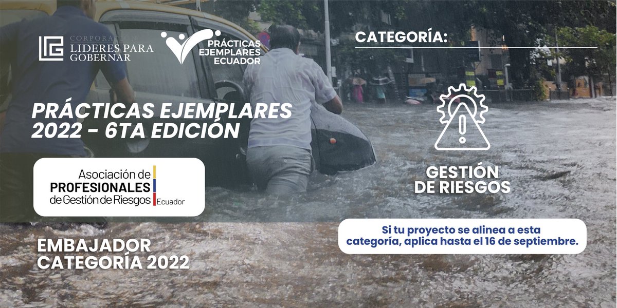 AsoGdR_Ec's tweet photo. Como un reconocimiento a la labor que realiza la #APGRE, la @CLPG_ec nos ha designado como Embajador de la categoría de gestión de riesgos en la 6ta edición del Concurso Prácticas Ejemplares Ecuador 2022.
No te quedes fuera, aplica aquí:
https://t.co/gzfVl22223
#VaPorTiEcuador https://t.co/OkIGwkZmj1