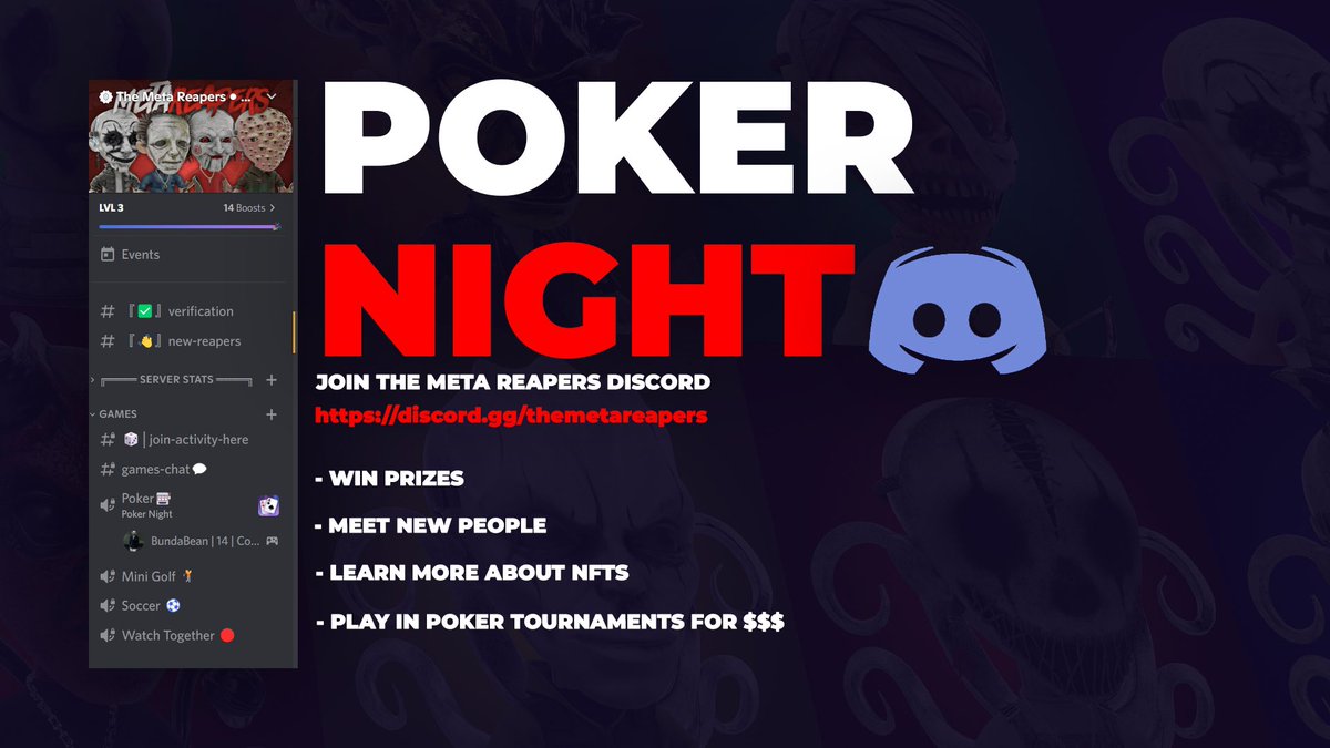 TheMetaReapers's tweet photo. Poker Night on the Meta Reaper Discord 🤝#Solana #pokernft #nft #NFTCommunity #NFTs #NFTdrop #NFTdrops #Metaverse #metamask https://t.co/jmn16zreWP