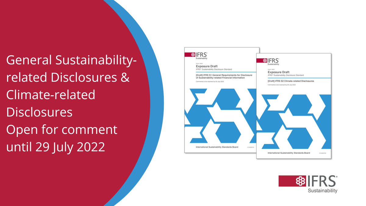 One week to go to submit feedback on the #ISSB's first two consultations on sustainability-related disclosures.

The comment period ends 29 July 2022.

General Sustainability-related Disclosures: ifrs.org/projects/work-…
Climate-related Disclosures: ifrs.org/projects/work-…