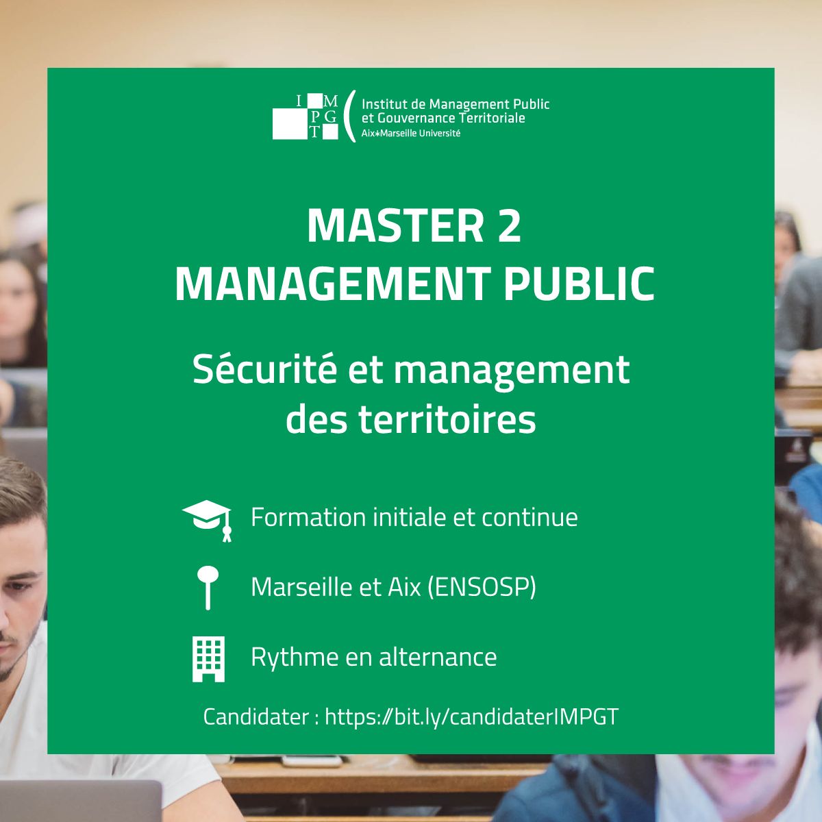 🔥🚧 L’actualité ne cesse de rappeler l’urgence d’investir les métiers de la protection des personnes, des biens et de l’environnement.
📚 Sept 2022 : avec l’<a href="/ENSOSP/">Ensosp</a>, l’<a href="/IMPGT_UnivAMU/">IMPGT Officiel</a>  propose le master 2 : Sécurité et Management des Territoires.
👉 impgt.univ-amu.fr