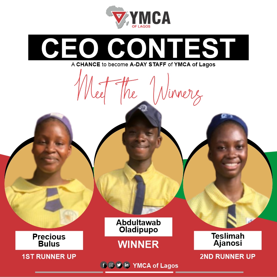LagosYMCA's tweet photo. 2022 YMCA OF LAGOS CEO CONTEST
🔻
UNVEILING OF THE TOP 3
Winner 🏆🏅 - Abdultawab Oladipupo 
1st Runner Up 🥈 - Precious Bulus
2nd Runner Up 🥉 - Teslimah Ajanosi
🔻
#YMCA #CEOContest #YE4Good #ServiceToHumanity https://t.co/in76wpmuMG