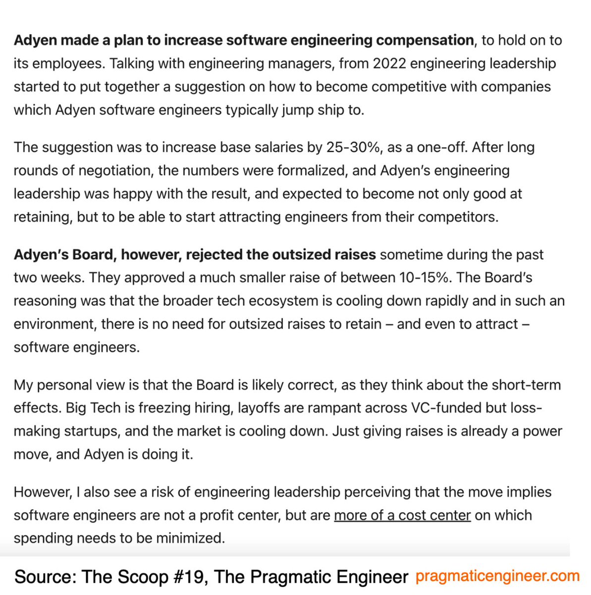 In what is interesting is how many companies could play offense, but settle for defense.

I wrote in the latest <a href="/Pragmatic_Eng/">The Pragmatic Engineer</a> how Adyen planned to do large raises for sw engineers to sort retention properly. Instead, they realized the market is cooling and settled for less.