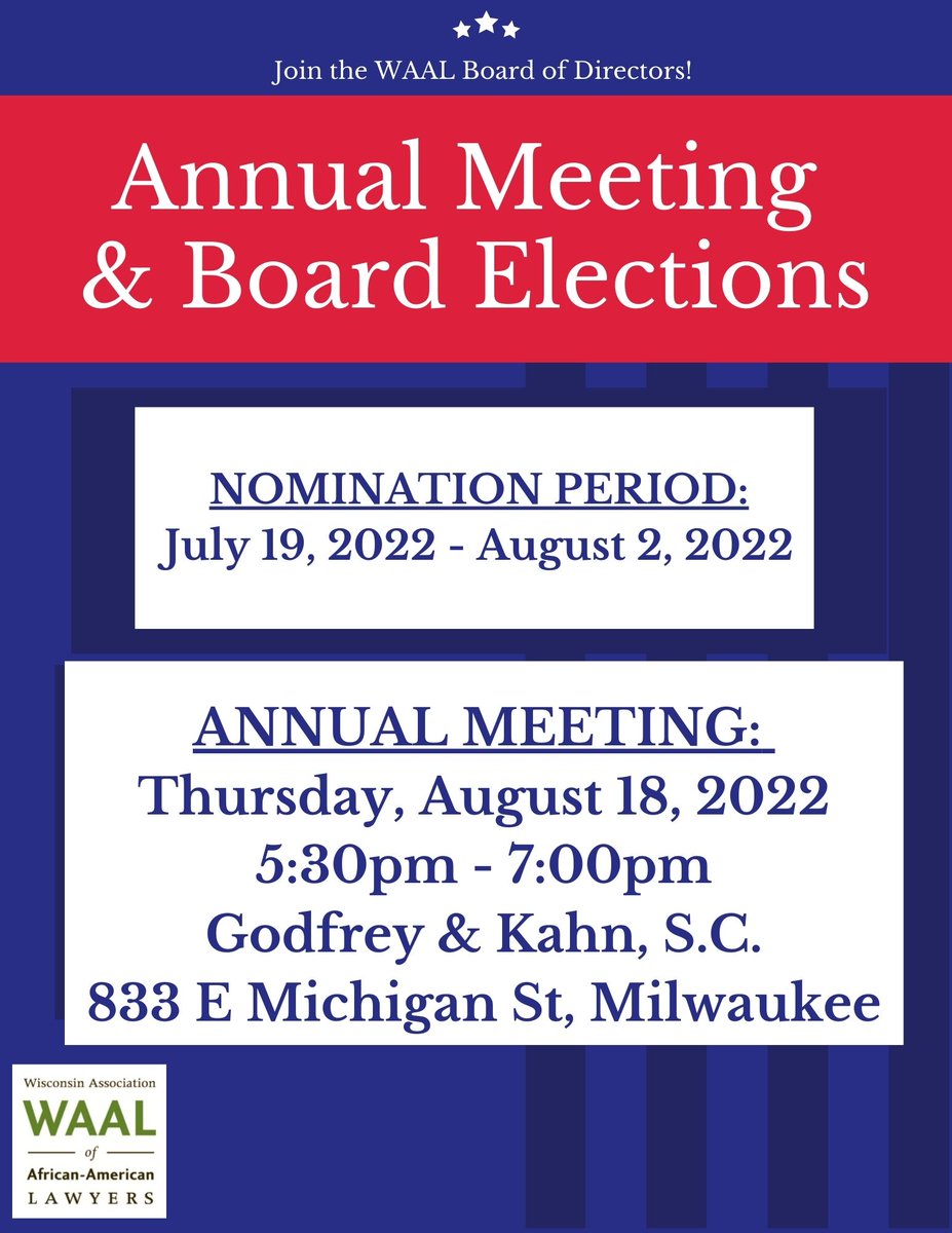 WAALawyers's tweet photo. Join the WAAL for our Annual Meeting on August 18, 2022. All members, future members, and supporters are welcome.

There is an opening on the 2022-2023 Board of Directors for President-Elect. 

Register for the meeting at: https://t.co/cYyGbUdmA0 https://t.co/AM5VNxmXRt