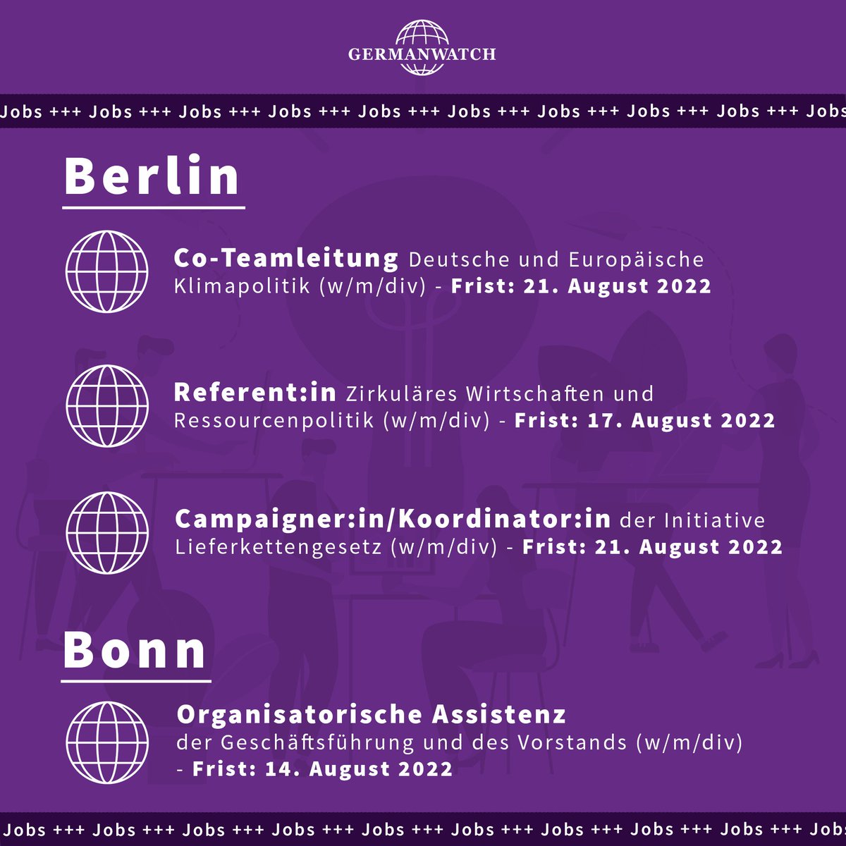 Wir sind wieder auf der Suche nach neuen Kolleg:innen, die unseren Einsatz für globale Gerechtigkeit, Menschenrechte, Klima- und Umweltschutz unterstützen. ☮️🌍

Jetzt auf eine der freien Stellen bewerben 👉 germanwatch.org/de/praktika-jo…

#NGOjobs #greenjobs #climatejobs