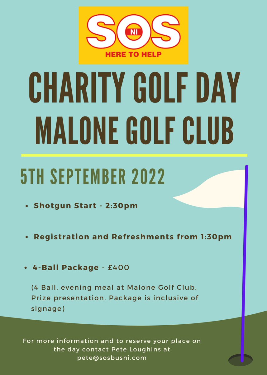 Happy Friday folks! 

🏌️‍♀️ Please share the word about our Charity Golf Day taking place on Monday 5th September 2022 at Malone Golf Club 🏌️

The spaces are filling up very fast, so please contact us to book your 4 Ball package today! 

Team SOS Bus NI