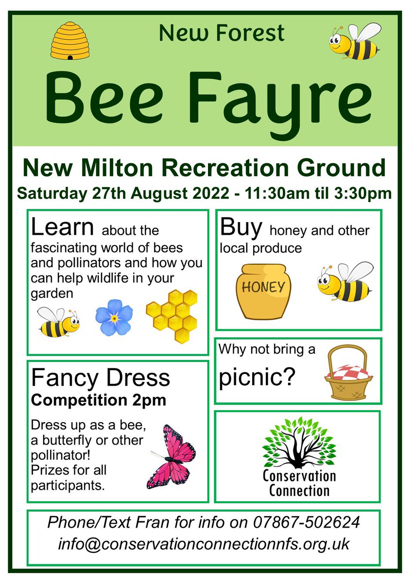 ConservationNFS's tweet image. Delighted to announce there will be a #NewForest #BeeFayre2022 🐝 in #NewMilton on Saturday 27th August. 11.30am to 3.30pm. If you are an environmentally friendly organisation or business 🐝, please get in touch to secure a pitch on the Recreation Ground. 🐝🐝🐝🐝🐝