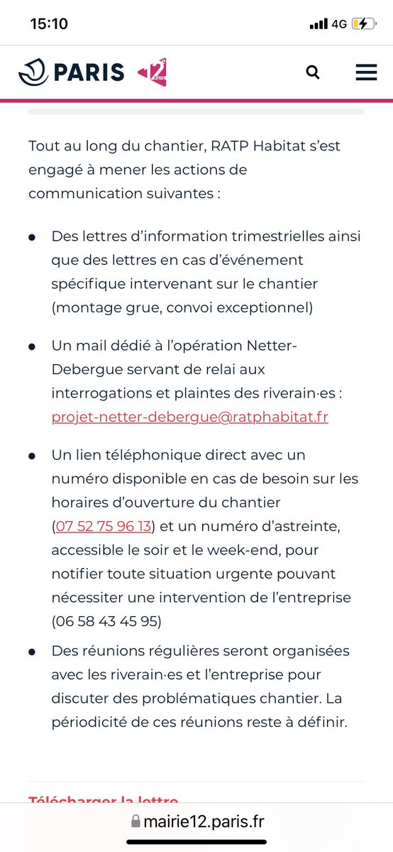 Xx35666062's tweet photo. @EPierreMarie Madame, la RATP ne tient pas les engagements décrits sur le site de la Mairie de Paris (voir photo ci-jointe). En effet le numéro du lien téléphonique direct n’est pas attribué. De plus aucune n’a été organisée récemment avec les riverains (je suis propriétaire) https://t.co/9DtAJtjpwP
