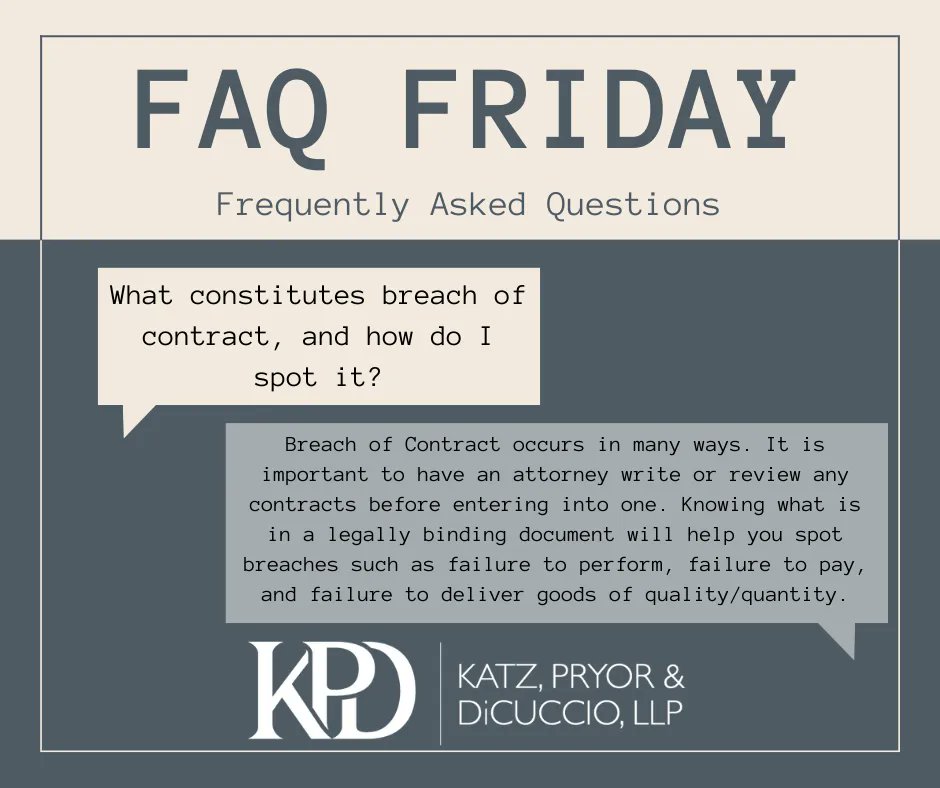 KPD_llp's tweet photo. Happy FAQ Friday! This week, we answer a question regarding breach of contract. As always, feel free to comment below any questions you may want us to answer!
⠀
#kpdfirm #faqfriday #realestatelaw #businesslaw #probatelaw #attorneys #columbus #ohio https://t.co/j1zFBZnPQL