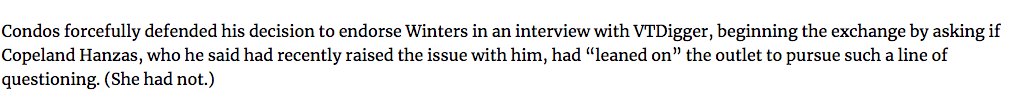 There is no place in #vtpoli for this... <a href="/VermontSOS/">Vermont Secretary of State’s Office</a> should apologize to <a href="/loladuffort/">Lola Duffort</a> &amp; @sarah4vermont for the insinuation and his endorsement should be disavowed immediately. vtdigger.org/2022/07/21/a-t…