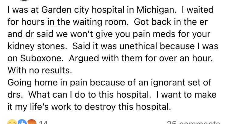 This lack of acute pain for anyone on opioids for pain or addiction must be addressed. Suboxone doesn’t make it unethical to rx opioids for kidney stones. This isn’t about “non opioids work better,” it’s about “we won’t give you opioids.”