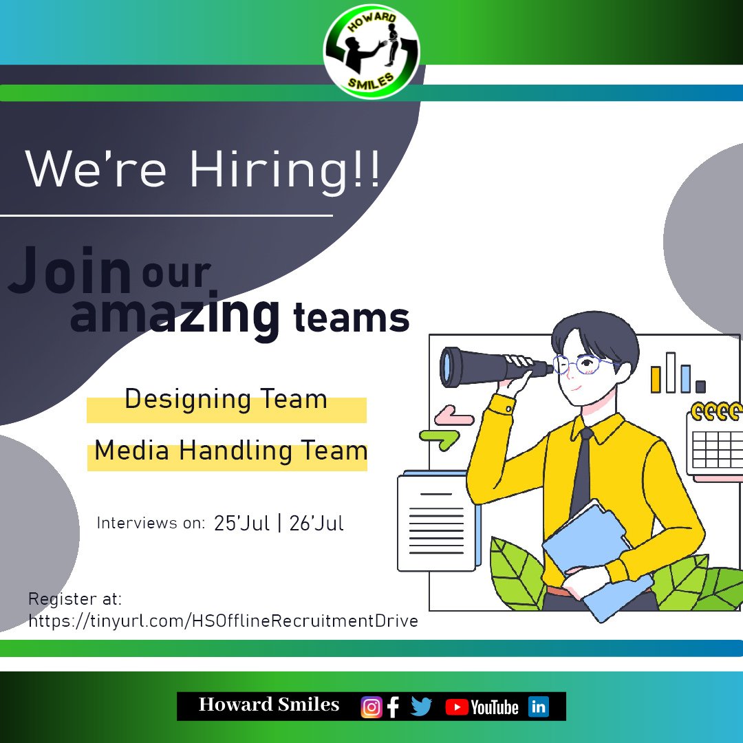 HowardSmiles's tweet photo. "Are you interested in #designing or #media handling? Then good news for you, We are #Hiring! 
If interested fill the form and you will be notified for the further processes.
Good luck!"
Registration link👉https://t.co/e22OgUULrq https://t.co/f912VtzDlT