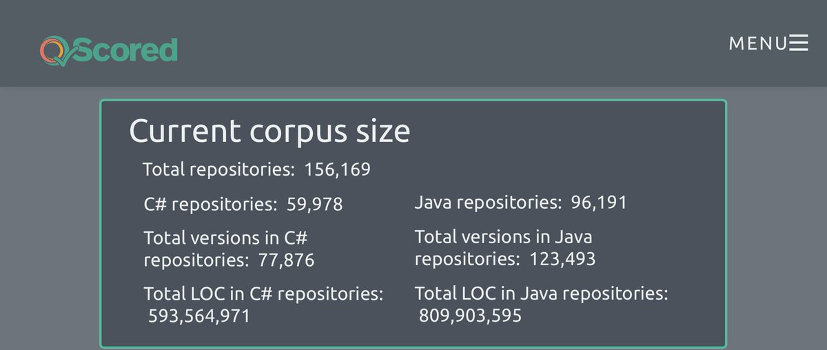 dr_tusharma's tweet photo. The @Q_Scored dataset crossed the 150K repositories mark.

BTW, the dataset contains detailed code quality information (smells at different granularities and code quality metrics) for (mostly) open-source Java and C# repositories. https://t.co/SYzApUBTbX