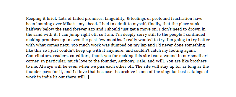 final note on surfaces dot cx's inactivity and now closure. if you hadn't already guessed, surfaces is over. can't keep up with it. here's a short letter about it. thank ya'll for reading and having patience w/ me all these years