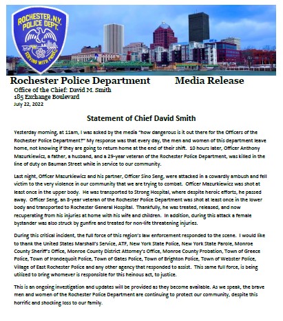 RochesterNYPD's tweet photo. Statement from the Chief of Police, David Smith. https://t.co/a5l0fdEnHa