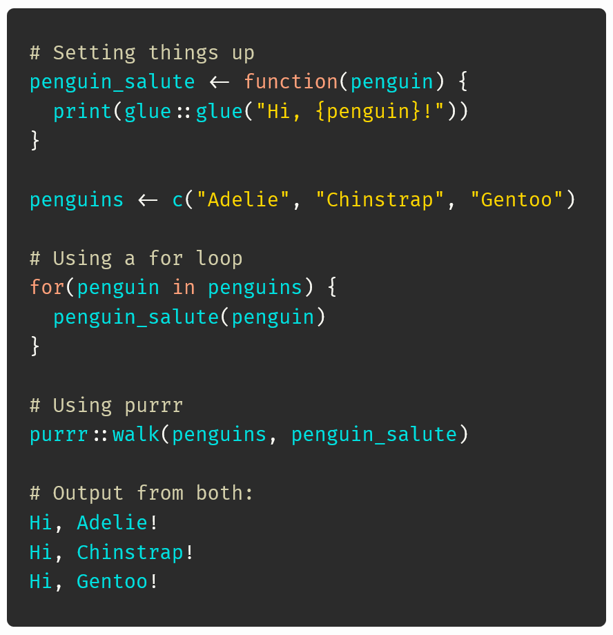 Cara Thompson (@cararthompson) on Twitter photo Today's #rstats function I really should have tried before now: purrr::walk()
I love a good "for" loop, because it's very readable, but walk() is more succinct *and* very readable - arguably more so! 
Say hi to the Penguins with me 👋🐧🐧🐧
P.S. Thanks <a href="/dgkeyes/">David Keyes</a> for the tip! Today's #rstats function I really should have tried before now: purrr::walk()
I love a good "for" loop, because it's very readable, but walk() is more succinct *and* very readable - arguably more so! 
Say hi to the Penguins with me 👋🐧🐧🐧
P.S. Thanks <a href="/dgkeyes/">David Keyes</a> for the tip!