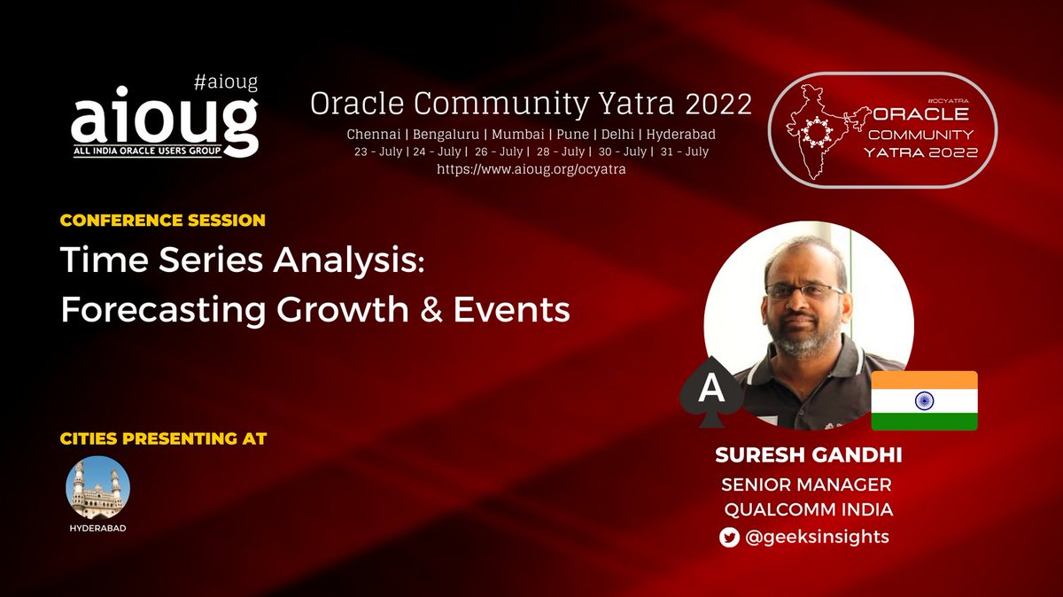 AIOUG's tweet image. It's time to welcome #Oracle #KeySpeaker Suresh Gandhi @geeksinsights to your city. Join their session bit.ly/3R8E6cz. Register now !! bit.ly/OCYatra-AAG
@Oracle @OracleDatabase @groundbreakers @oracleugs @oracleace #OCYatra