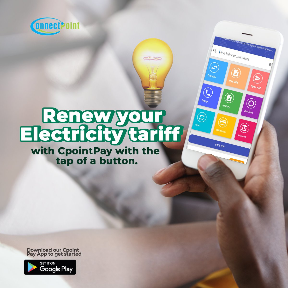 ConnectPoint4's tweet image. Using Cpoint pay &amp;amp; agent app, you can easily renew your power rate with a click of a button.

Cpoint Agent &amp;amp; Pay makes sure that you stay connected no matter what time it is.

Get the Cpoint Pay &amp;amp; Agent app right away.