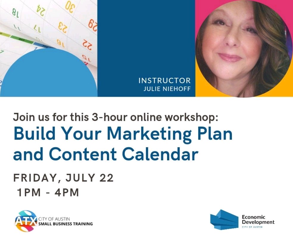 julieniehoff's tweet photo. Attn #Austin #smallbusiness &amp; #nonprofit: new virtual class for @AustinEconDev TODAY at 1pm: Build Your Marketing Plan and Content Calendar. Instructor: @julieniehoffsign up at  https://t.co/RzrRhPGuDp
$25 includes all course materials and a full toolkit https://t.co/HJOg2X0eWF