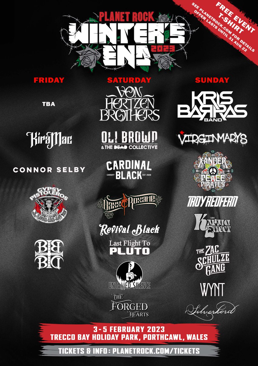On sale today - Planet Rock's Winters End Festival. 3 days, 20+ bands and a whole lot of fun. @KrisBarrasBand @VHBROZ @OliBrownMusic @DaxxRoxane @TroyRed7 @thevirginmarys @BBATBDofficial @KiraMacband @TheCardinalBlk @planetrockradio planetrocktickets.co.uk/article/winter…