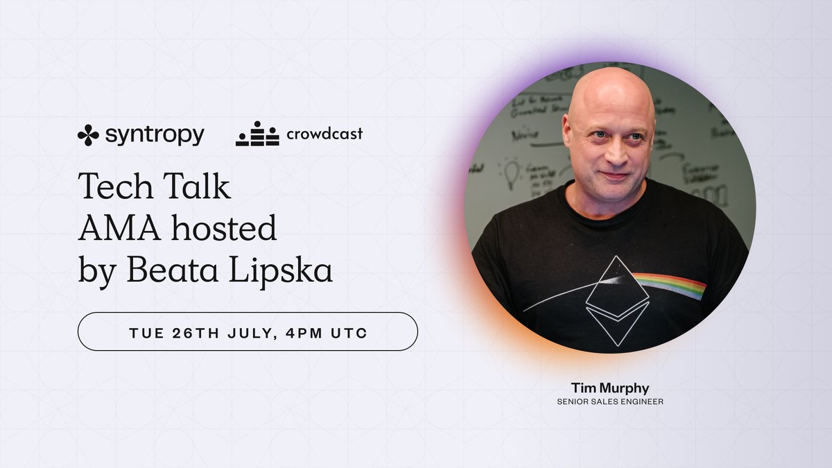 Syntropy (@syntropynet) on Twitter photo This Tuesday, Syntropy Sales Engineer Tim Murphy will have an ’Ask Me Anything` session, where he will answer all your technical questions about #Syntropy & #SyntropyStack.
It will be facilitated by <a href="/beatkalipska/">beata.etherlink</a> - our Developer Advocate.
crowdcast.io/e/tech_talk_1 This Tuesday, Syntropy Sales Engineer Tim Murphy will have an ’Ask Me Anything` session, where he will answer all your technical questions about #Syntropy & #SyntropyStack.
It will be facilitated by <a href="/beatkalipska/">beata.etherlink</a> - our Developer Advocate.
crowdcast.io/e/tech_talk_1