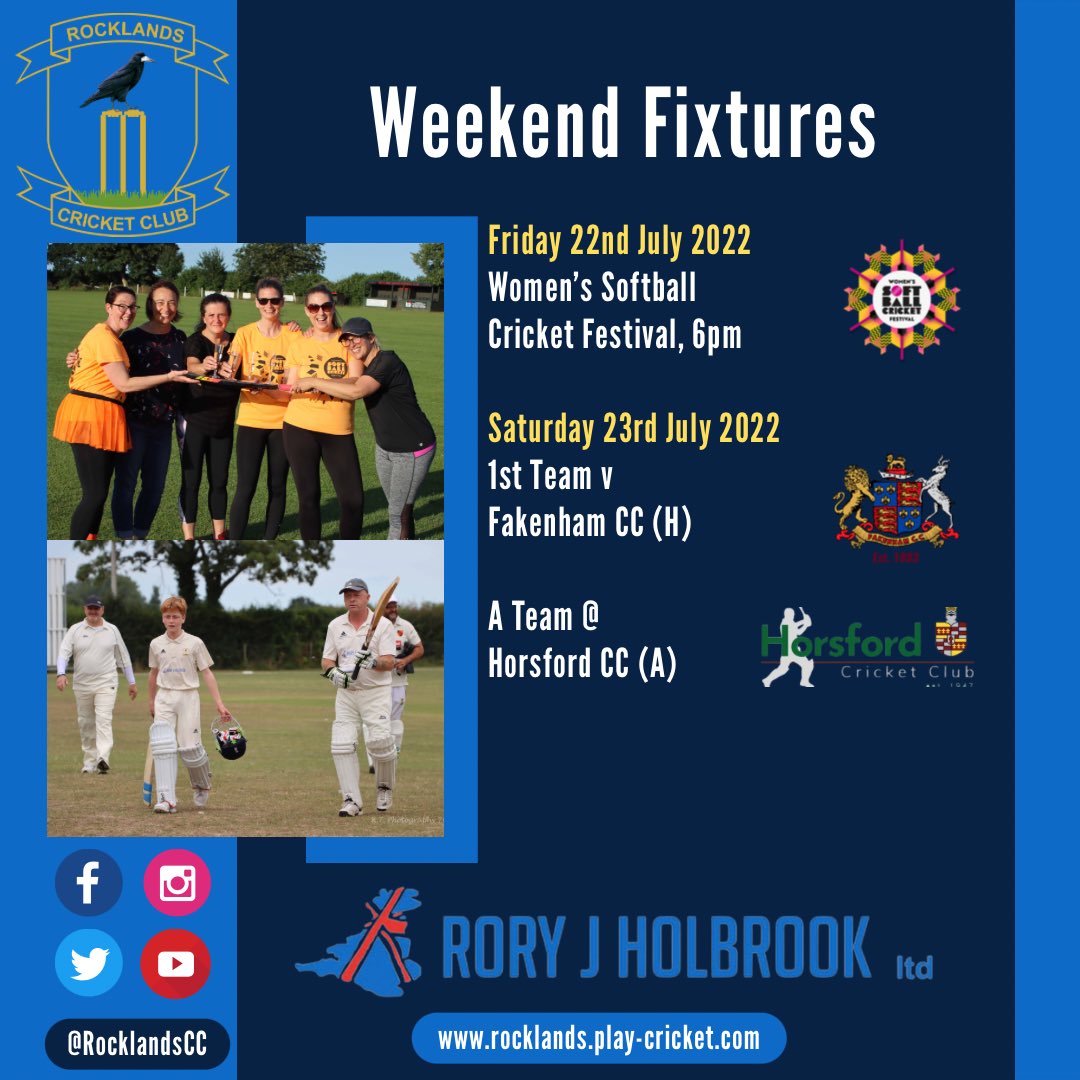 Weekend Fixtures

Friday 22nd July
Women’s Softball Cricket Festival, 6pm. There will be a bbq and the bar will be open 🍔🥂🍻

Saturday 23rd July
1st Team v <a href="/FakenhamCricket/">Fakenham CC 🏏</a> (H)
 A Team @ <a href="/HorsfordCC/">HorsfordCC</a> (A)

Youth &amp; Senior Shirt Sponsor: Rory J Holbrook Ltd roryjholbrook.co.uk