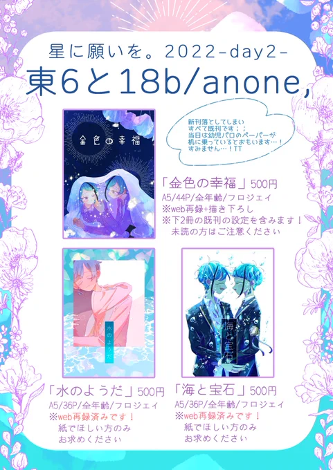 2022/07/24 星に願いを。2022-day2- 気まぐれキノコハンティング
東6ホールと18b / anone,
スペース頂いています、が新刊ありません…😭😭ペーパー作って持っていこうと思っています、よろしくお願いいたします…! 