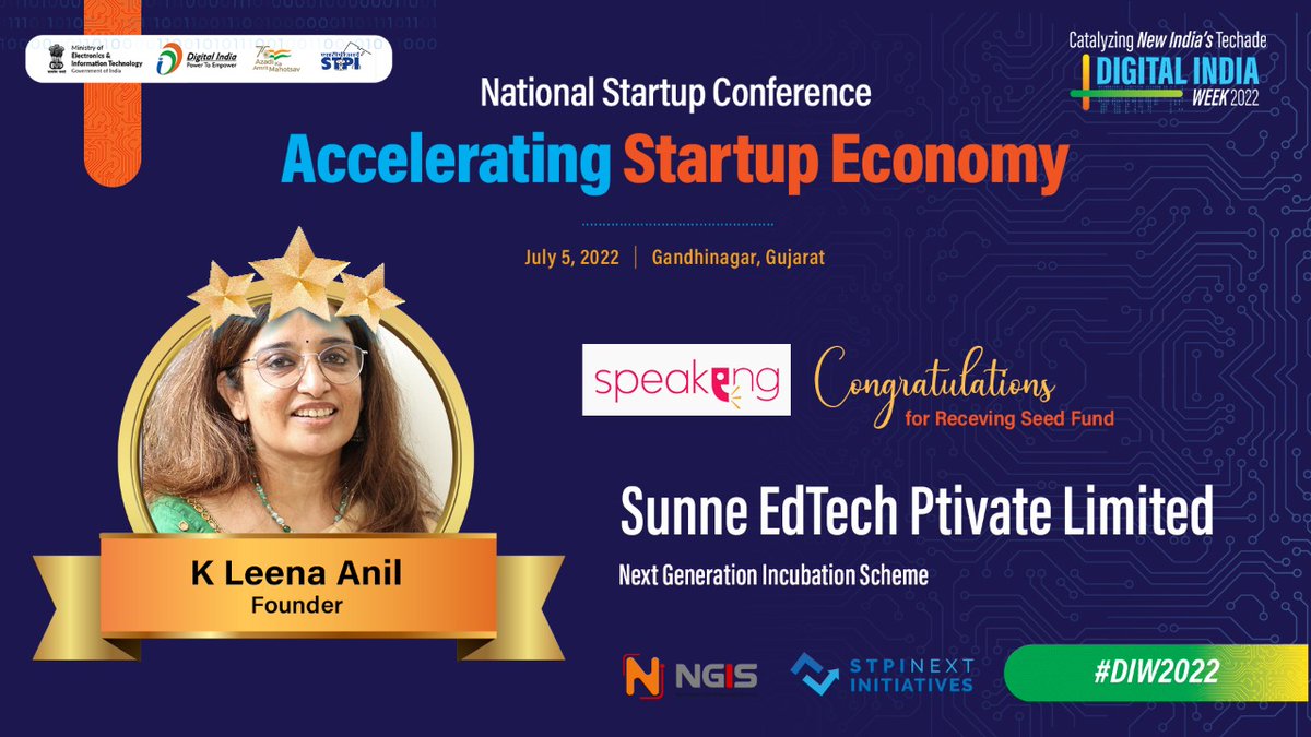 Congratulations Sunne EdTech for receiving Rs. 15 lakh under #STPINGIS at @stpivjw1 for building #AI-based skill development solution. #STPIINDIA wishes you all the best in your innovation journey. #DIW2022 #StartupConference #IndiasTechade @AshwiniVaishnaw @Rajeev_GoI