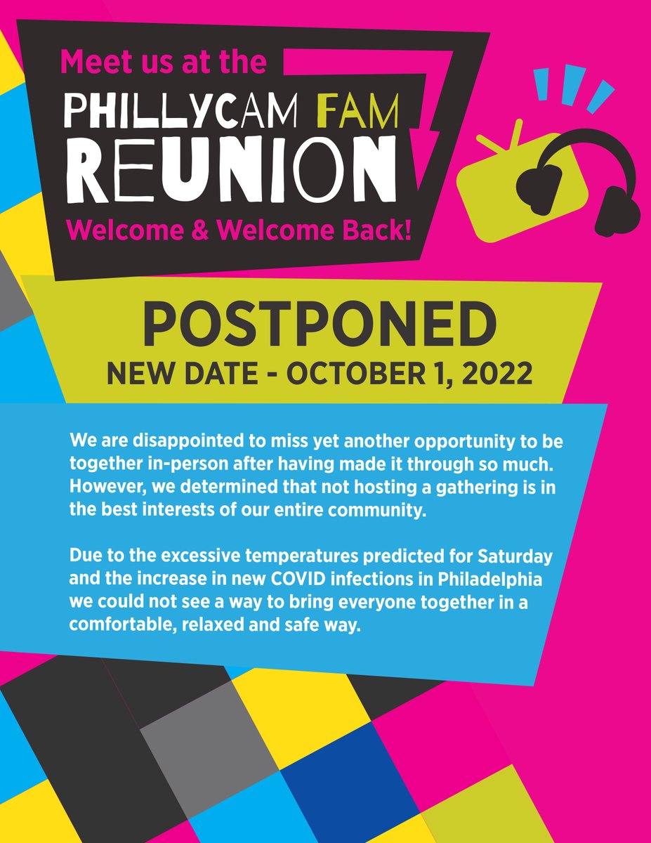 PhillyCAM's tweet photo. 😞 We are disappointed to miss yet another opportunity to be together in-person after having made it through so much.

Due to the excessive heat predicted for 7/23 and the increase in #COVID infections, we cannot bring everyone together in a comfortable, relaxed and safe way. https://t.co/NLGHmujs56