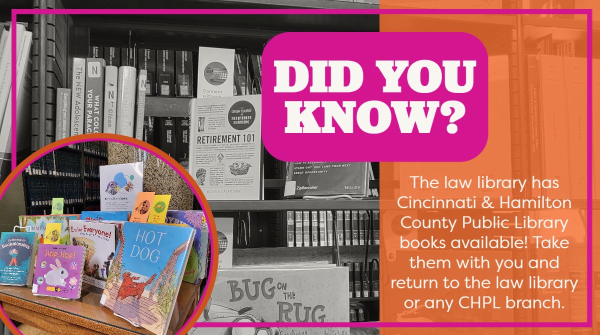 HCLawLib's tweet photo. In the courthouse with kids? Stop by the library and take some @cincylibrary books with you! We have both juvenile and adult books waiting to be read. You can return them to any CHPL branch at any time. #readsomebooks https://t.co/pRVZfwaiAt