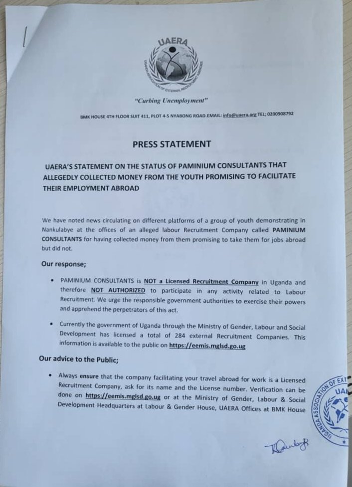 UAERAUg's tweet photo. The @UAERAUg on the incident where a NON licensed recruitment company PAMINIUM CONSULTANTS extorted money from the public promising to take them abroad for work @Mglsd_UG https://t.co/cXCmNQcdNA