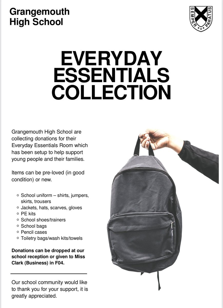 MrsScott_PTASN's tweet photo. At @GrangemouthHS we have a new Everyday Essentials Room. Thank you to all parents &amp; our local community for your donations of new &amp; pre-loved school uniform, jackets, school bags etc. If any family in our school community needs any of these items please contact us. https://t.co/hq2Lbq4aeQ