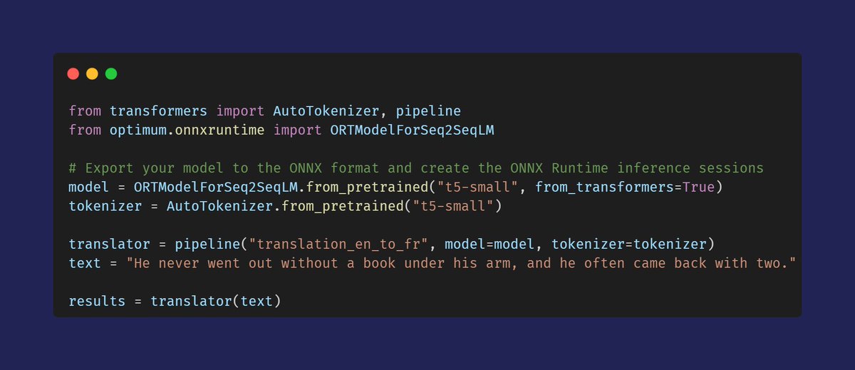 ONNX Runtime inference for Seq2Seq models has never been so easy ! 🚀 With 🤗 Optimum, you can now export your T5 model to the ONNX format and perform ONNX Runtime inference using 🤗 Transformers pipelines. ➡️ Start here huggingface.co/docs/optimum/v…