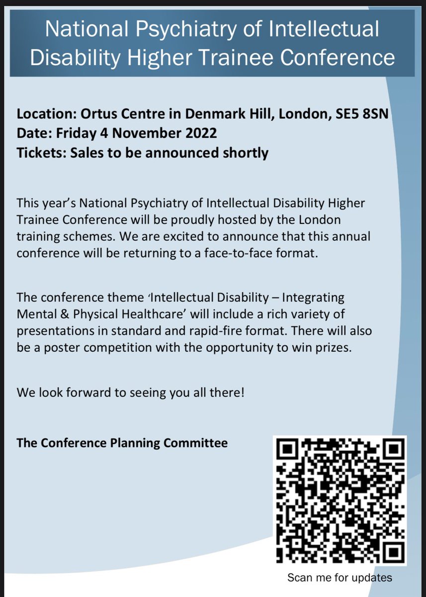 This year’s National Psychiatry of Intellectual Disability Higher Trainee Conference on 'Intellectual Disability – Integrating Mental &amp; Physical Healthcare’ will be in London on Friday 4 November 2022 <a href="/psychiatryofid/">Psychiatry of ID</a> <a href="/rcpsychLDN/">rcpsychLDN</a>

Register interest here: forms.office.com/r/kL8x6BsWtn