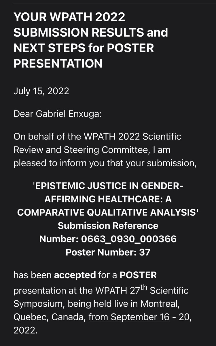 I will be presenting at <a href="/wpath/">WPATH</a>! Im excited to share my thesis research on epistemic justice within both 'assessment' and 'informed consent' models of gender-affirming care. #trans