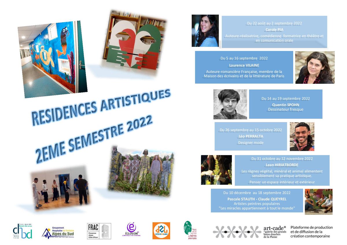 Nous vous présentons notre nouveau programme des résidences artistiques pour ce 2ème semestre. 

Un grand merci aux partenaires pour l’ensemble de ces projets qui favorisent l’accès à la culture des patients hospitalisés.

@FracRegionSud
<a href="/pnr_baronnies/">BaronniesProvençales</a>
<a href="/dsirdelire1/">désirdelire</a>