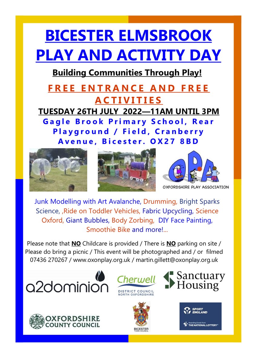 Bicester Elmsbrook Play and Activity day.

TUESDAY 26TH JULY 2022—11AM UNTIL 3PM
See the image for more details.