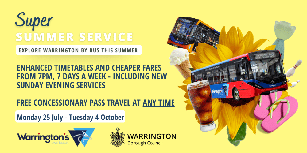 WarringtonBuses's tweet photo. From 25 July to 4 October, enjoy 9 weeks of enhanced evening timetables, 7 days a week from 7pm, with Β£1 child Β£2 adult singles across the network π
Concessionary pass holders can also ride at any time too!
https://t.co/IepWpkgNjY
#SuperSummerService @WarringtonBC https://t.co/GxiJlw3v9W