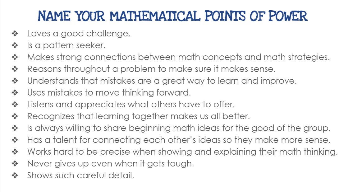 Having students name and claim their mathematical points of power was such a game changer in our classroom last year. Thanks, <a href="/bkobett/">Beth Kobett</a> 
#elemmathchat #iteachmath #educhat #PrincipalOfficeHours #mtbos