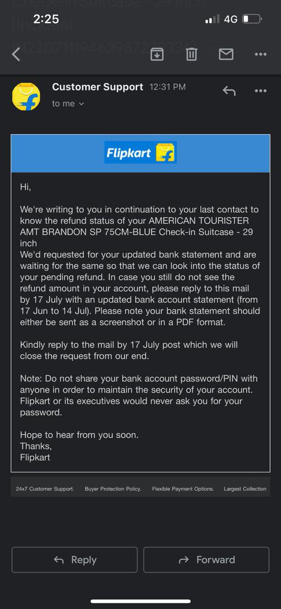Sanjaygrt07's tweet photo. Hi @flipkartsupport, I have been facing an issue for past a month, my order of a suitcase got cancelled automatically and the refund amount of ₹3549 has not yet received in bank account. Please resolve my issue ASAP.
Mob. 9140492716 https://t.co/5YYiRXmHuX
