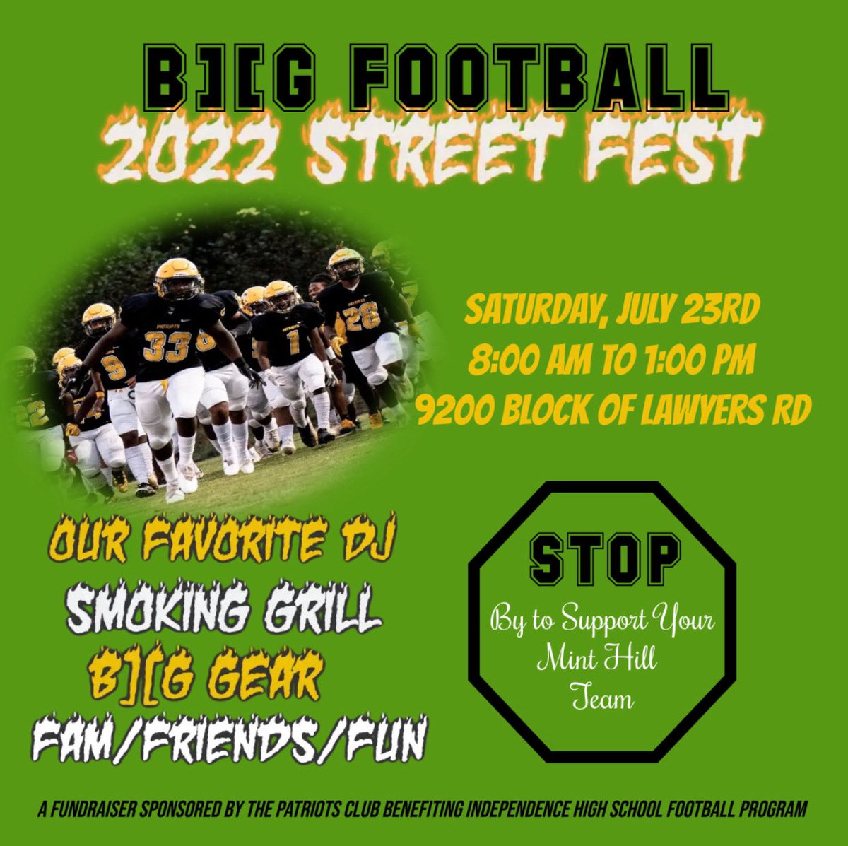 brettedward's tweet photo. B][G Football 2022 Street Fest.  Come out to support.

#IndependenceHS #BigI #B][GI #Patriots #Charlotte #Indy #IndyFootball #PullUp #IndyPatroits https://t.co/rxW7sFbs7z